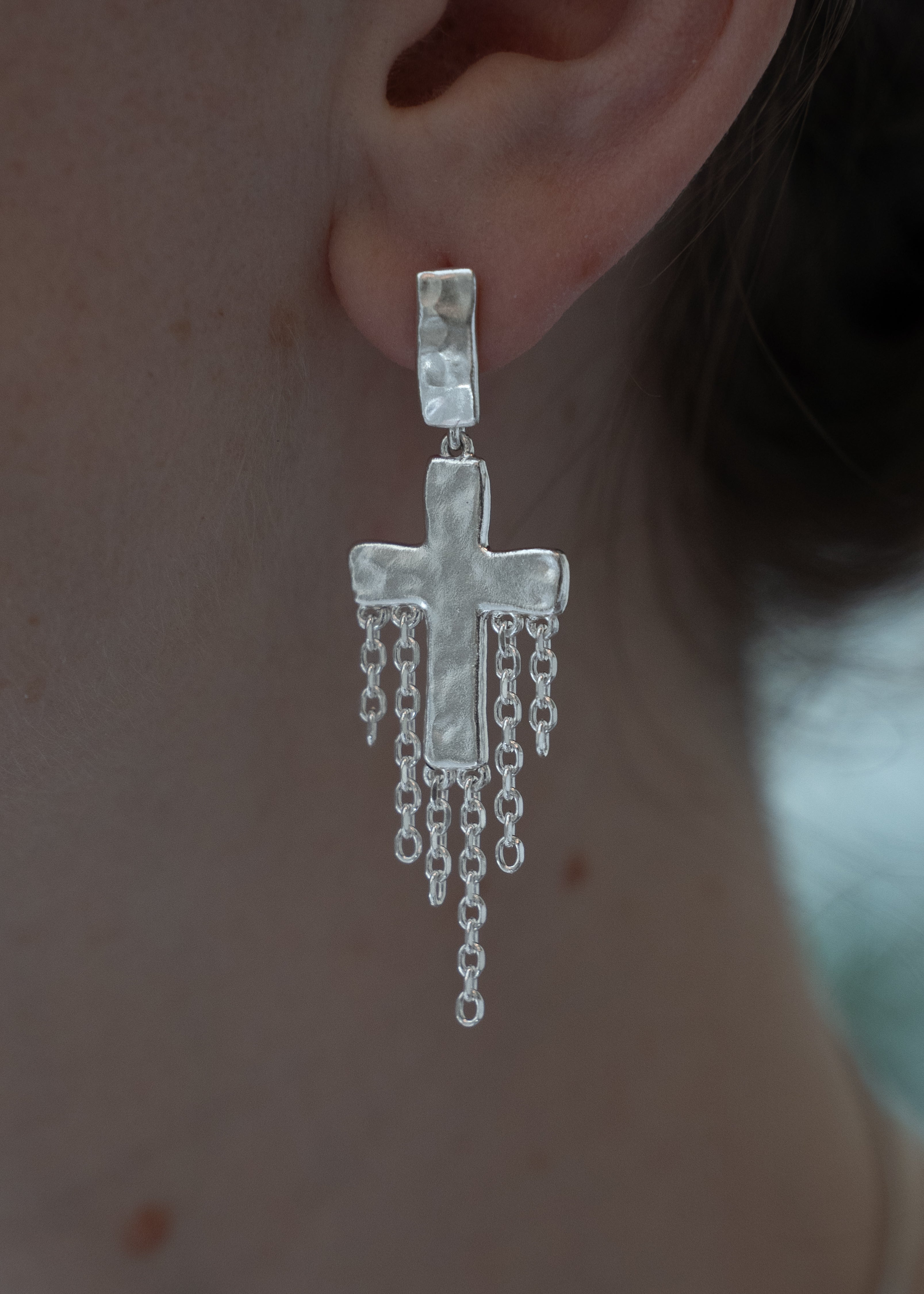 Cross w. Chains Mono–Earring